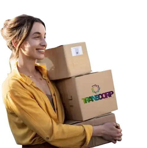 Woman holding her delivered boxes from Transcorp